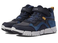 Geox Kids Flexyper Babx 13 (Little Kid/Big Kid) - Boy's Shoes : Navy/Avio : Let their inspiration be drawn out by the flexibilty and comfort of possibilities while wearing the Flexyper Babx 13 by Geox Kids. Ultra-flexible cushioning. Round toe silhouette. Hook-and-loop closure with elastic laces. Flexyper is a breathable sneaker with a contemporary design. Leather and synthetic upper. Textile lining and insole. Synthetic outsole. Imported. Geox™ patented breathable shoe for active kids features Breathable Sneakers, Winter Sneakers, Boys Sneakers, Breathable Shoes, Nike Kids, Elastic Laces, Kids Sneakers, Saucony Sneaker, Boys Shoes