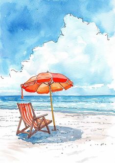 an umbrella and chair on the beach under a blue sky, watercolor sketch or ink