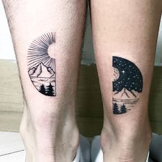 two people with tattoos on their legs, one has a mountain and the other is a lake