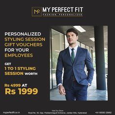 a man wearing a suit and tie standing in front of an advertisement for my perfect fit