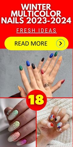 Winter Multicolor Nails, Color Winter Nails, Nails Popular, Red French Manicure, New Year Nails, Modern Nail Art, Glitter French Tips