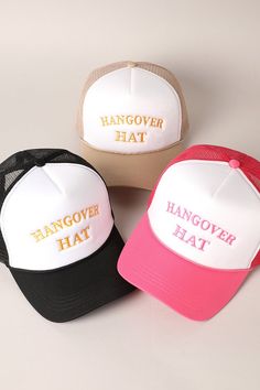 Rock the party and keep those pesky headaches at bay with our Hangover Hat Embroidered Trucker Cap! Featuring a hilarious "HANGOVER HAT" design, this 6 panel trucker hat has a meshed back for ultimate breathability. With an adjustable snap closure and one size fits all, you'll be looking and feeling cool all day (and night) long. Fun Mesh Trucker Hat Baseball Cap, Funny White Baseball Cap Trucker Hat, Funny White Trucker Hat Baseball Cap, Funny White Cap Hat, Funny White Snapback Hat, Funny White Cap, Funny Adjustable White Trucker Hat, Funny White Adjustable Trucker Hat, White Adjustable Funny Trucker Hat