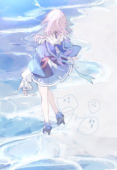 an anime character is walking on the beach