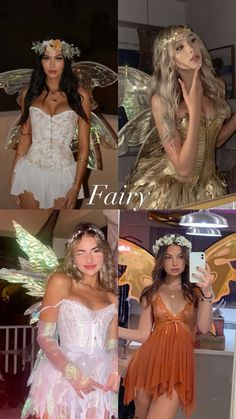 four photos of women in fairy costumes and one is taking a selfie with her cell phone