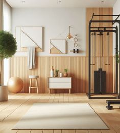 a living room with wooden floors and white rugs on top of the hardwood floor