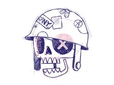 a drawing of a skull wearing a helmet