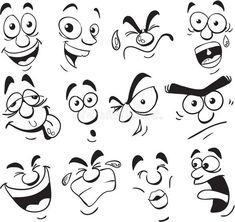 cartoon faces drawn in black and white with different expressions, including eyes, nose, mouth,