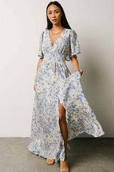 Verona Smocked Maxi Dress | White + Blue Print - Baltic Born Dresses With Flowy Sleeves, Smocked Maxi Dress, Blue Floral Maxi Dress, Floral Bridesmaid Dresses, Kimono Maxi Dress, Maxi Dress White, Maxi Outfits, Baltic Born, Flowy Sleeves