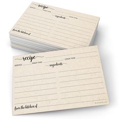 two recipe cards sitting side by side on top of each other with the words recipe written in cursive writing