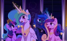 three ponies are standing next to each other in front of a window and one has a crown on its head