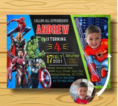 Superhero Stickers, Hulk Birthday, Superhero Birthday Invitations, Superhero Invitations, Dinosaur Birthday Party Decorations, Baby Birthday Invitations, Invitation With Photo, All Superheroes, Avengers Birthday