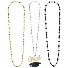 "Find the 20\" Graduation Layered Bead Necklace Set at Michaels. com. Show off your big achievement with this graduation layered bead necklace! Show off your big achievement with this graduation layered bead necklace! It features a layer each of black, silver, and gold necklaces and a pendant with a gold Grad and black mortarboard cap. Details: Includes multiple styles and colors 2 packs of 3 necklaces (6 necklaces total) Plastic with electroplated finishesSize Information Gold beaded necklace ( Gold Beaded Necklace, White Beaded Necklaces, Black Bead Necklace, Gold Bead Necklace, Gold Necklaces, White Beads, Silver And Gold, Black Beads, Gold Beads