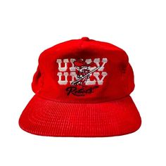 Vintage UNLV Rebels embroidered corduroy adjustable hat.  Good condition, light wear but no flaws.  You're buying the exact hat shown. Retro Corduroy Hat For Streetwear, Vintage Corduroy Hat For Streetwear, Vintage Corduroy Snapback Hat With Curved Brim, Vintage Corduroy Trucker Hat, Vintage Corduroy Trucker Cap, Vintage Corduroy Flat Brim Baseball Cap, Vintage Corduroy Snapback Baseball Cap, Vintage Corduroy Snapback Trucker Hat, Vintage Red Six-panel Hat