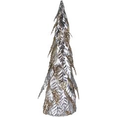 a christmas tree made out of tinsel and silver leaves on a white background with gold accents