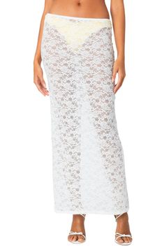 Complete your festival looks with this sheer lace maxi skirt that has a back vent for easy movement. Pull-on style Back vent Sheer 95% polyester, 5% spandex Machine wash, dry flat Imported Summer Party Bottoms With Delicate Lace, Fitted Summer Skirt With Delicate Lace, Summer Fitted Skirt With Delicate Lace, Lace Long Skirt For Beach, Fitted Delicate Lace Skirt For Summer, Lace Maxi Skirt For The Beach, Fitted Summer Bottoms With Delicate Lace, Long Lace Beach Skirt, Fitted Bottoms With Delicate Lace For Summer