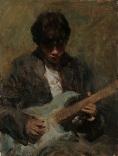 a painting of a man playing an electric guitar