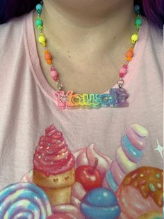 Kawaii word necklace. Harajuku Style Choker Necklace As Gift, Cute Multicolor Choker Necklace, Cute Pink Custom Name Necklaces, Decora Clothes, Decora Accessories, Harajuku Decora, Pastel Kidcore, Word Necklace, Harajuku Outfits