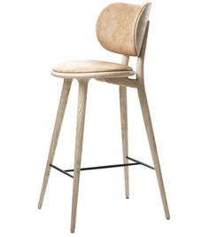 a wooden bar stool with a leather seat and back rest on an isolated white background