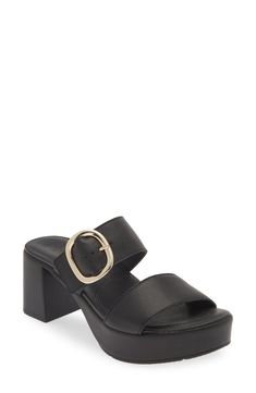 A buckled instep strap adds modern allure to a leather slide sandal lifted by a chunky platform and block heel. 2 3/4"{ heel, 1 1/2" platform (size 39) Adjustable strap with buckle closure Cushioned footbed with arch support Leather upper and lining/synthetic sole Imported Modern High Heel Mules With Buckle Closure, Elegant Mules With Buckle Closure In Slide Style, Elegant Slide Mules With Buckle Closure, Modern Mules With Buckle Closure And High Heel, Modern Mules With Buckle Closure For Formal Occasions, Modern Formal Sandals With Rectangular Buckle, Chic Block Heels With Rectangular Buckle Closure, Modern Heels With Rectangular Buckle, Modern Formal Mules With Buckle Closure