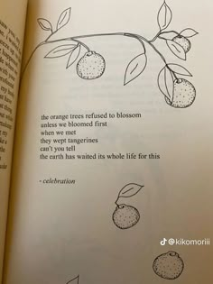 an open book with drawings of fruit and leaves on the page, which is written in cursive writing