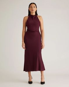 Washable Stretch Silk High Neck Midi Dress Wedding Dress Code Guide, Wardrobe Color Guide, Dress Code Guide, Wine Colored Dresses, Beautiful Cocktail Dresses, Winter Wedding Guest Dress, High Neck Midi Dress, Wine Dress, Halter Midi Dress