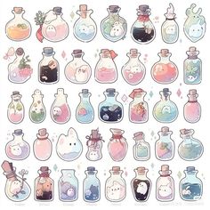 a bunch of bottles filled with different types of liquid and animals in them on a white background