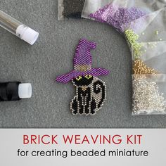 some crafting supplies are laying out on the floor with text that reads brick weaving kit for creating beaded miniature items