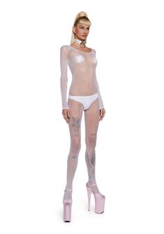 This bodysuit has a stretchy sheer fishnet mesh construction with long sleeves and a crotchless design. Stretch Mesh Bodysuit With Sheer Sleeves, Stretch Mesh Long Sleeve Bodysuit, Sheer Mesh Long Sleeve Bodysuit, Sheer Stretch Long Sleeve Bodysuit, White Sheer Stretch Bodysuit, Sheer Long Sleeve Stretch Bodysuit, Sheer Stretch Mesh Bodysuit, Sheer White Bodysuit For Spring, Spring Sheer White Bodysuit