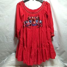 Beautiful Womens Dress By Free People! Purchased But Never Wore! Size Large! Fully Lined! Can Be Worn On And Off Shoulder! Measurements Laying Flat: P2p: 18", Stretchy! Length: 32". Sleeve Length: 19 1/2". Smoke And Pet Free Home! Reasonable Offers Always Welcome! Casual Red Embroidered Mini Dress, Spring Embroidered Red Mini Dress, Red Long Sleeve Peasant Dress, Red Cotton Mini Dress For Spring, Red Cotton Mini Dress For Brunch, Womens Dress, Free People Dresses, Free People Dress, Flash Sale