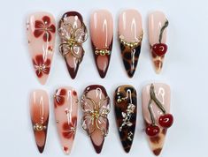 Monarch Butterfly Nails Acrylics, Yellow And Navy Nails, Earthy Nails Designs Almond, Y2k Coffin Nails, Long Stiletto Nails Design, Cute Medium Length Nails, Gel X Almond Nails, Fall Nail Designs Almond Shape, Wine Color Nails