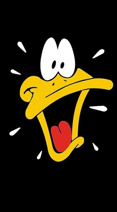 a cartoon duck with its mouth open and eyes wide open in front of a black background