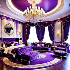 a bedroom with purple furniture and chandelier in the corner, along with a round rug on the floor