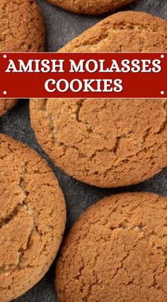 some cookies are stacked on top of each other with the words, amish molasses'cookies