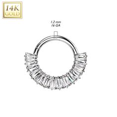 14K Gold Hinged Segment Hoop Ring Lined With 14 Baguette Cut CZ Thickness: 16 Gauge (1.2 mm) Material: 14Kt. Gold Stone Material: CZ Sold by: 1Pc Silver 14k Gold Hoop Septum Ring, Silver Hoop Septum Ring In 14k Gold, Elegant Hoop Septum Ring With Prong Setting, Elegant Halo Hoop Septum Ring, Elegant Hoop Septum Ring For Anniversary, Elegant White Gold Hoop Septum Ring, Daith Piercings, Nose Septum, Daith Piercing