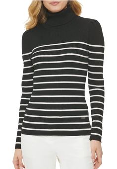 DKNY Women’s Knit-Ribbed Striped Turtleneck Sweater Black/Ivory Size XS. White Ribbed Turtleneck For Layering, Chic White Knit Turtleneck, Chic White Ribbed Turtleneck, White Knit Turtleneck For Layering, White Ribbed Knit Turtleneck, White Knit Turtleneck Top, Striped Turtleneck Sweater, Rib Knit Sweater, Striped Turtleneck