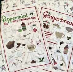 two tea towels with the words peppermint hot chocolate and gingerbread on them