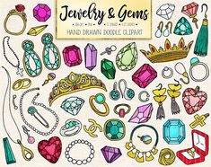 a large collection of hand drawn doodle jewelry and gems on a white paper background