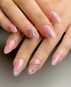 How Nails, Nails Designs 2024, Short Natural Almond Nails, Baby Pink Nails Design, Baby Pink Nail Art, Pink Coquette Nails, Uñas Coquette, Bow Nail Designs