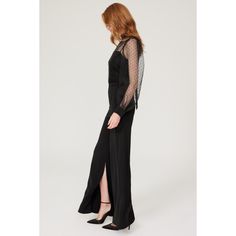 Black organza (100% Polyamide, Contrast: 100% Polyamide). Jumpsuit. Long sleeves. Mock neck. See size and fit notes for length measurements. Made in the USA of imported fabric.¬† Elegant Evening Sets With Stretch, Elegant Stretch Sets For Evening, Chic Fitted Sets For Gala, Fitted Evening Sets With Sheer Sleeves, Fitted Sheer Long Sleeve Sets, Evening Sets With Sheer Sleeves And Fitted Design, Sheer Spring Party Sets, Party Sets With Sheer Long Sleeves, Evening Sets With Sheer Sleeves