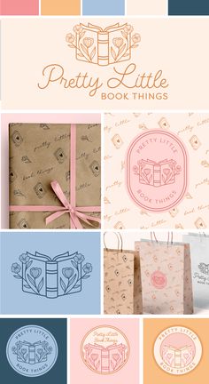 the logo for pretty little book things is shown in several different colors and sizes, including pink