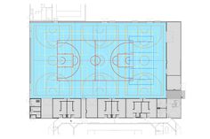 the floor plan for an indoor basketball court, with blueprints and red lines