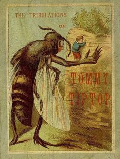 an old book with a drawing of a bee and a man in the background holding hands