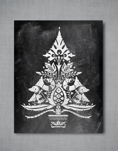 a black and white christmas card with an ornate tree in the center on a gray background