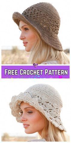 two pictures of a woman wearing a crochet hat with the words free crochet pattern