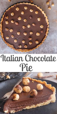 a chocolate pie with walnuts on top and the words italian chocolate pie above it