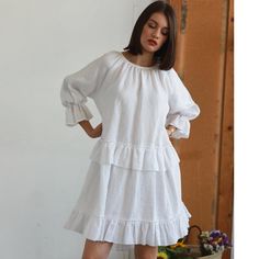 INA Peasant Style Midi Linen Dress With Ruffles and Voluminous - Etsy Voluminous Ruffled Summer Dress, Ruffled Puff Sleeve Peasant Dress, Spring Mini Dress With Ruffles And Flowy Fit, Voluminous Mini Dress With Ruffles For Spring, Summer Dresses With Voluminous Ruffle Hem, Puff Sleeve Peasant Dress With Ruffles, Summer Peasant Dress With Puff Sleeves And Ruffles, Summer Dress With Ruffle Hem And Lantern Sleeves, Flowy Lantern Sleeve Dress With Ruffles