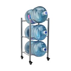 three plastic water bottles are stacked on a metal rack, with wheels and castes