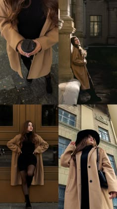 three photos of women in coats and hats, one is wearing a black dress while the other has a tan coat