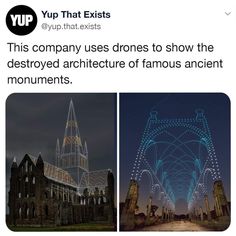 an image of a building with lights in the sky and text that reads, this company uses drones to show the destroyed architecture of famous ancient monuments