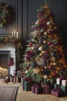 a decorated christmas tree in front of a fireplace